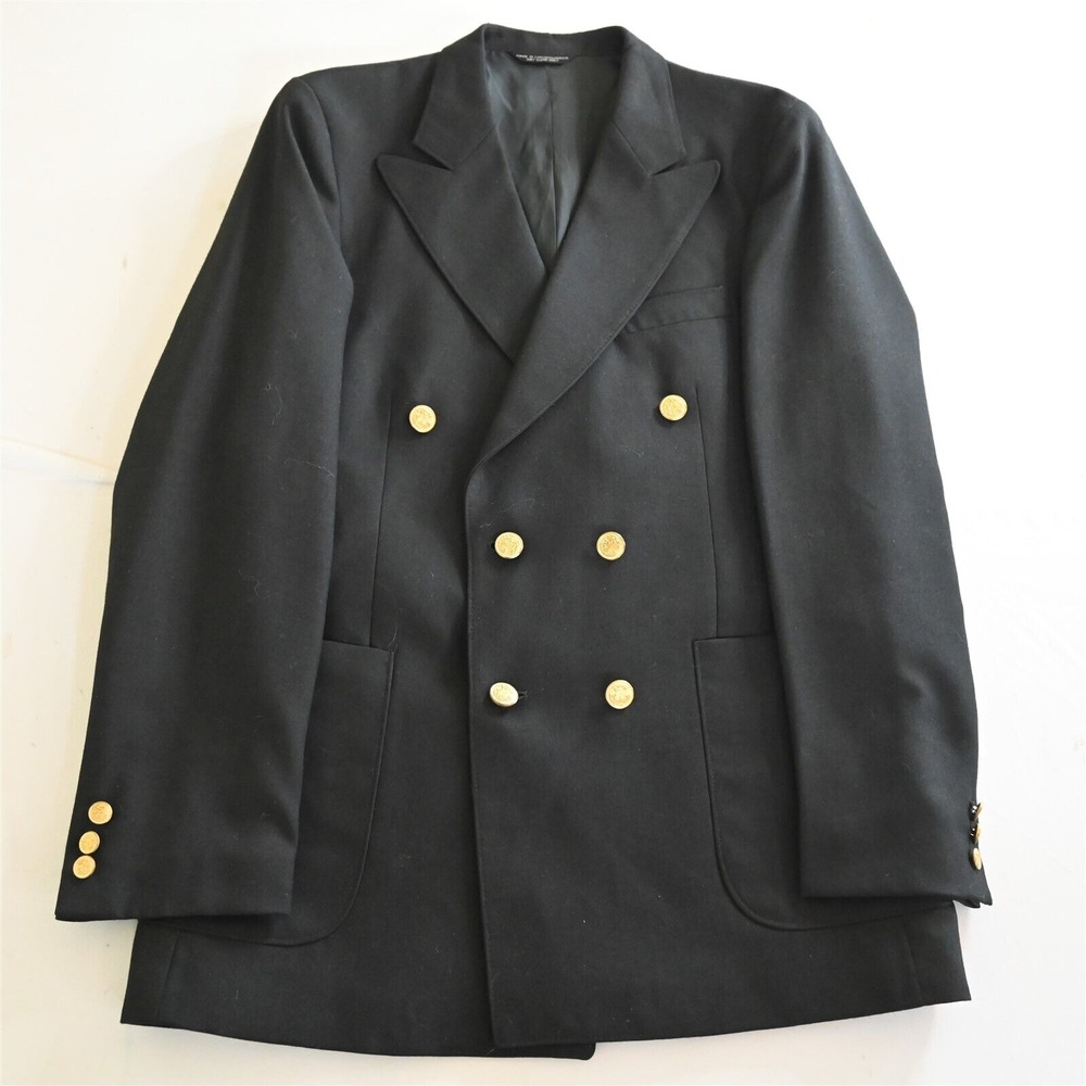 Vtg 42R Black Hopsack Gold Button Double Breasted Peak Lapel‎ Blazer Sport Coat